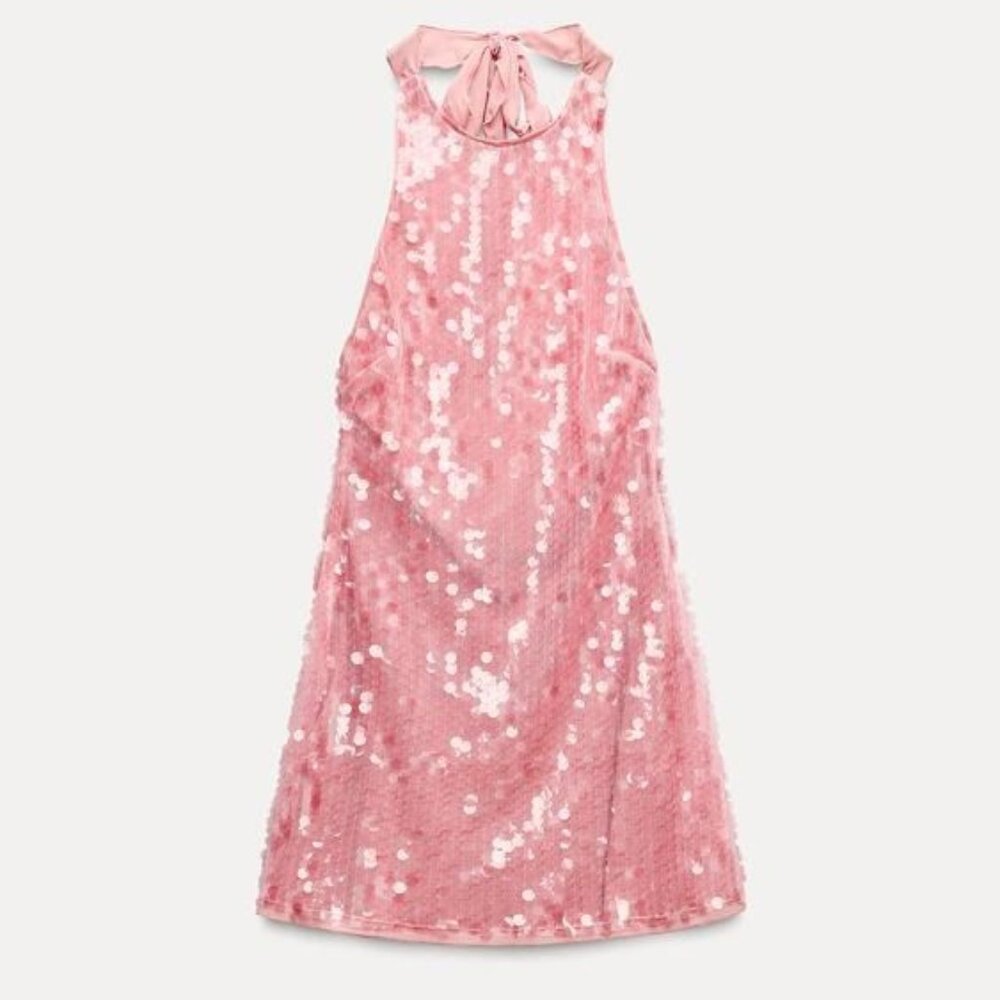 ZARA NEW WOMAN SHORT SEQUINNED HALTER NECK DRESS OPEN-BACK PINK size M